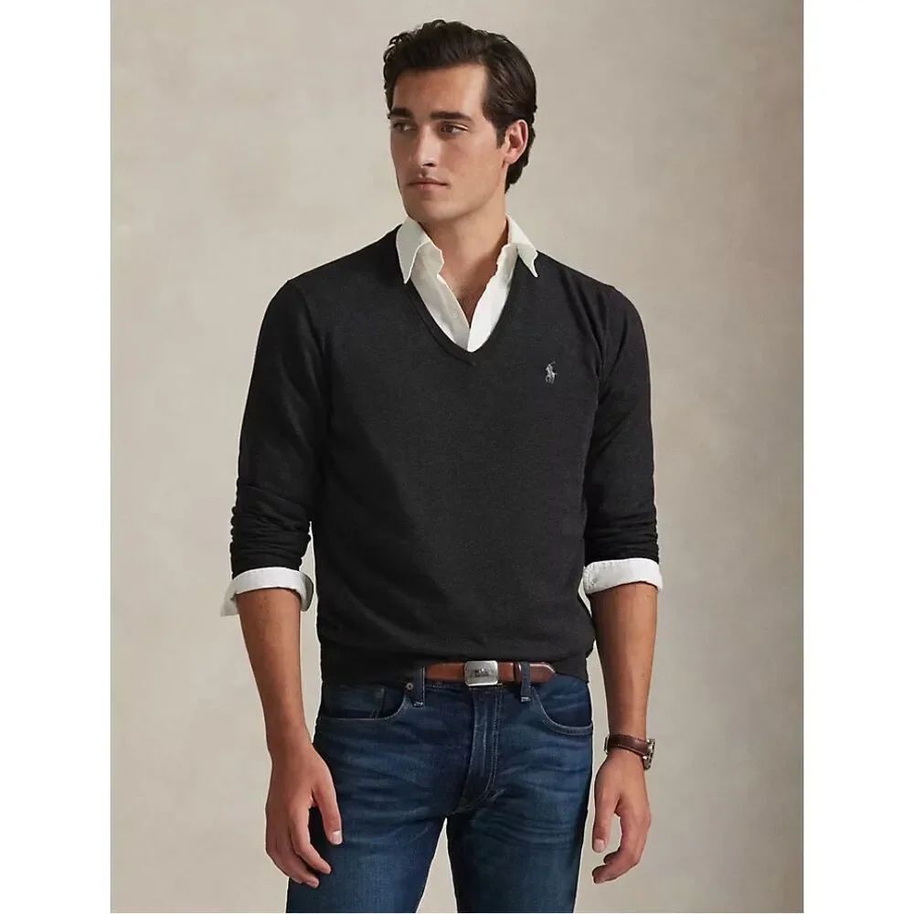 Ralph Lauren Pima Cotton V-Neck Pony Logo Sweater | Classic Preppy Knit Pullover
